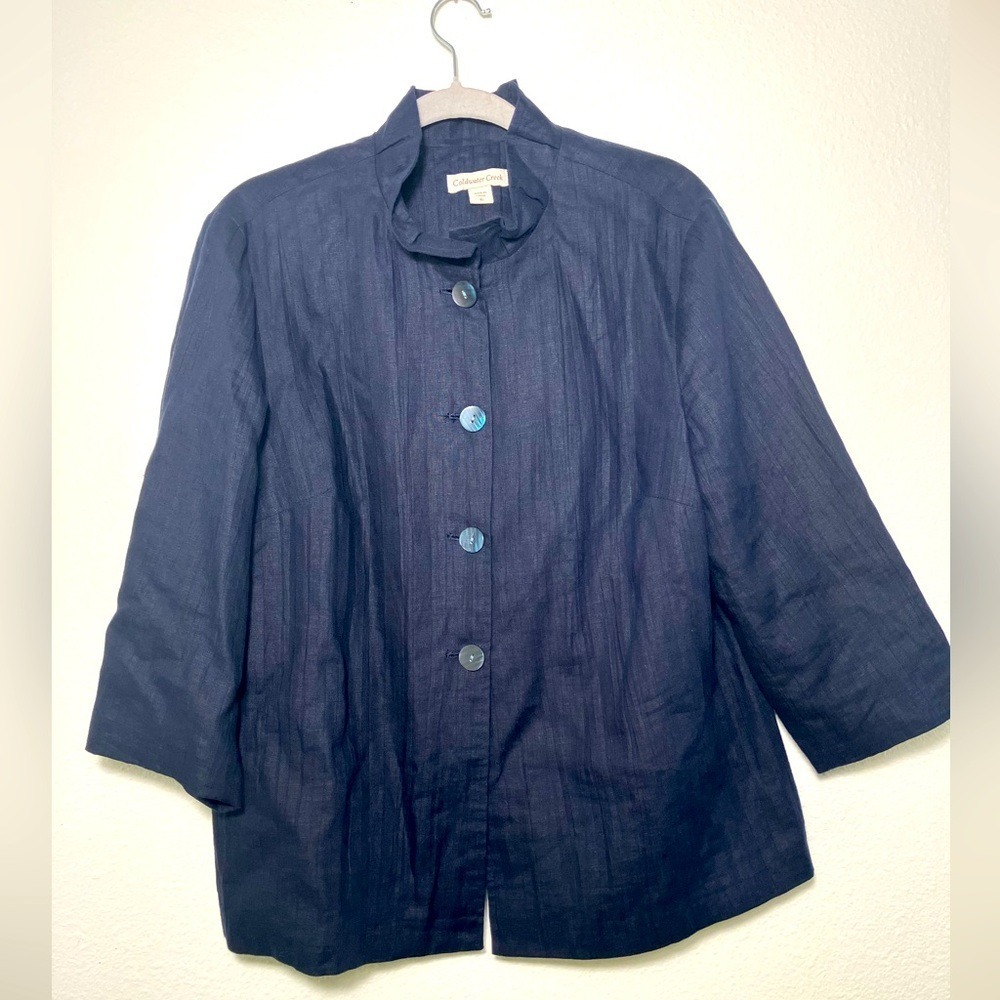 COLDWATER CREEK blue linen lined button down‎ jacket blazer top blouse size 16